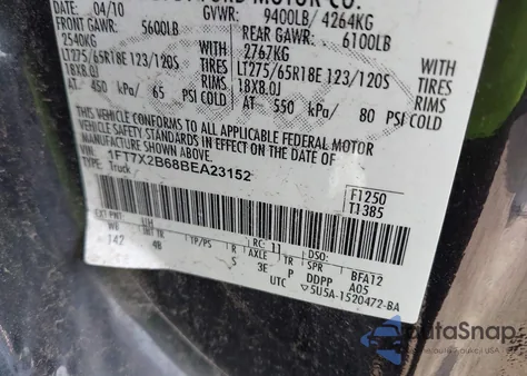 2011 Ford F-250 Lariat from USA, damaged, VIN 1FT7X2B68BEA23152